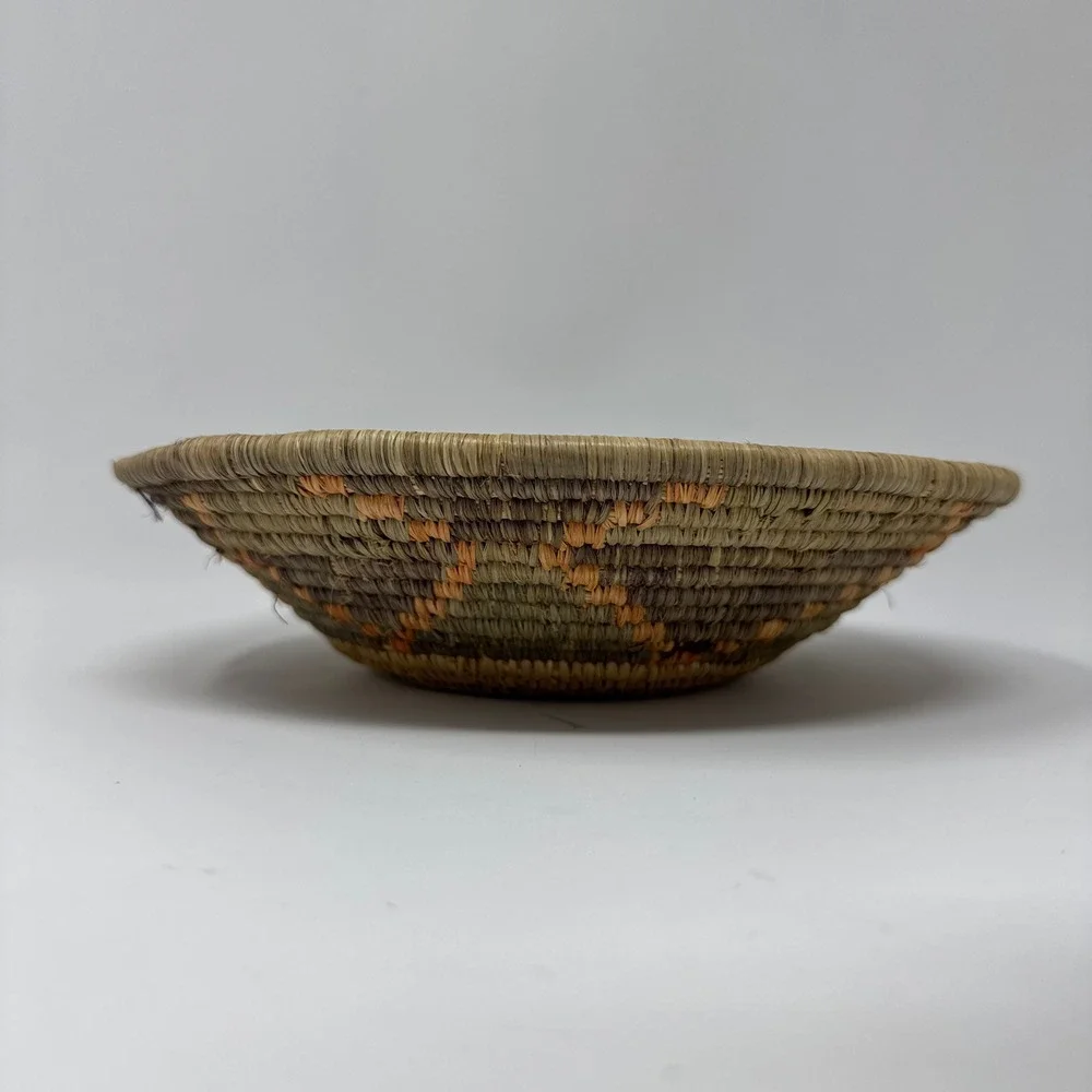 Vintage Handwoven Coiled Grass Basket Bowl Tribal Geometric Boho Decor 9
